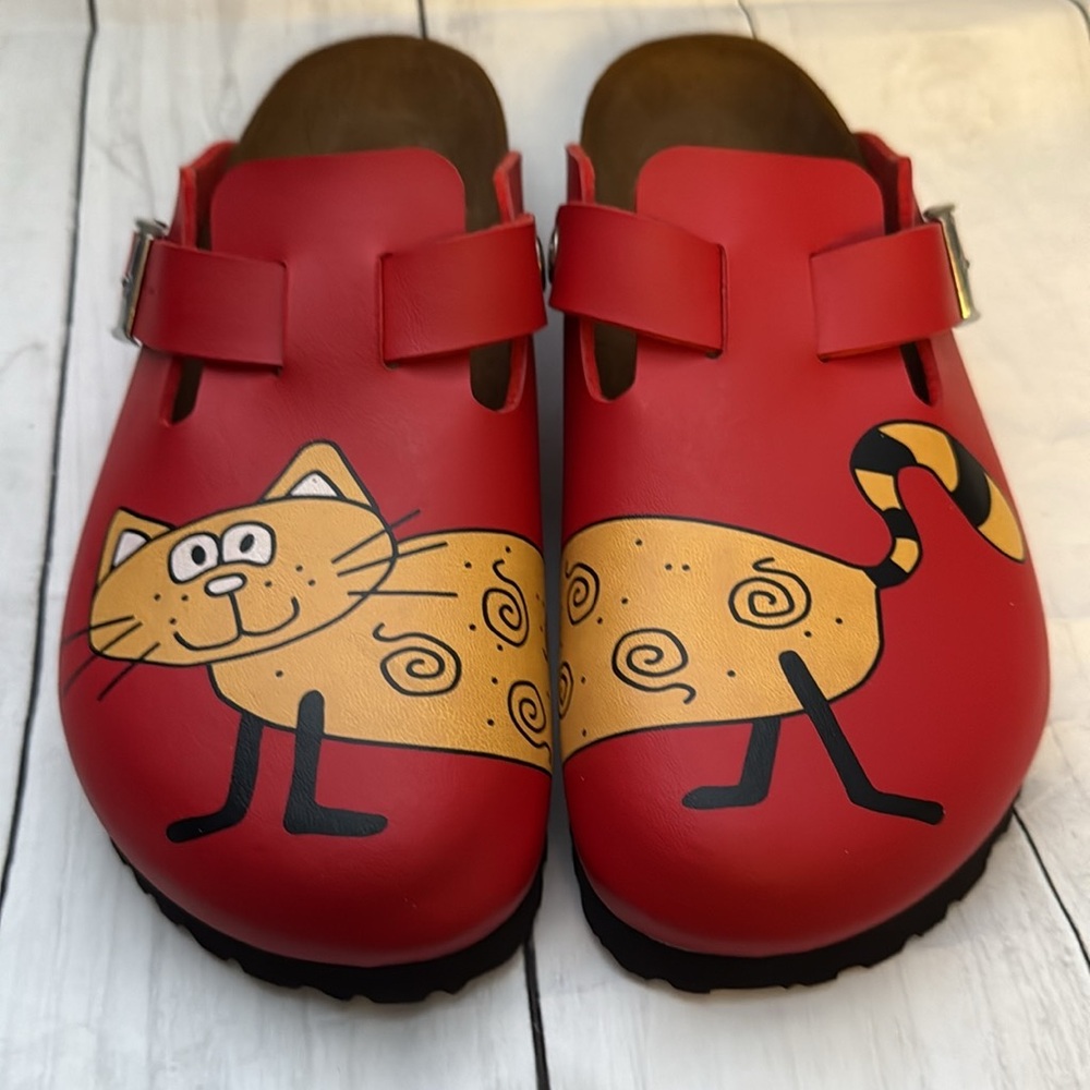 Birkenstock Red Birki's Clogs with cute Cat Design